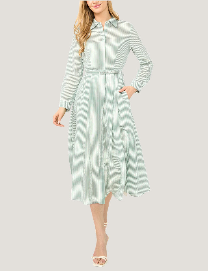 LYNN Striped Belted Midi Shirt Dress