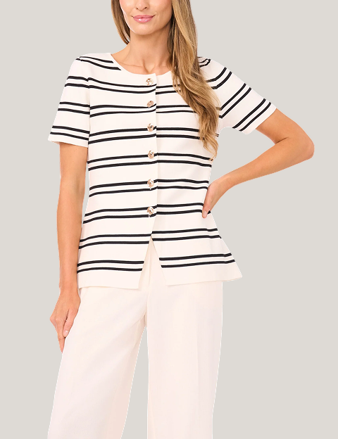 GAIL Short Sleeve Stripe Peplum Button Down