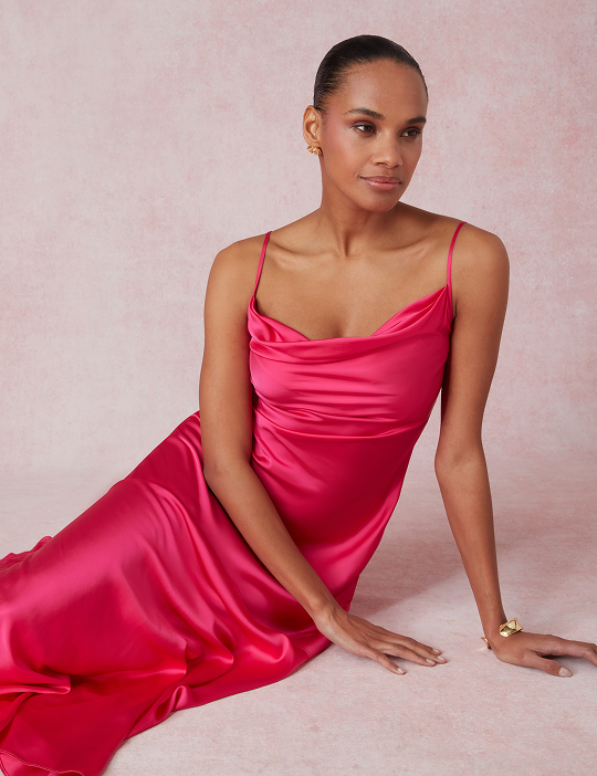 EILA Satin Cowl Neck Strappy Maxi Dress