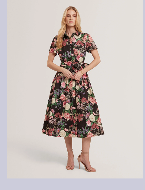 CHARLIE Floral Tie Waist Midi Shirt Dress