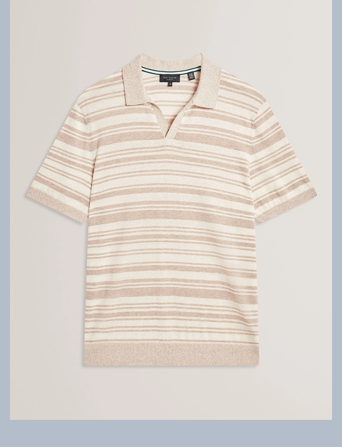 BRODI Striped Linen Blend Knitted Polo Shirt