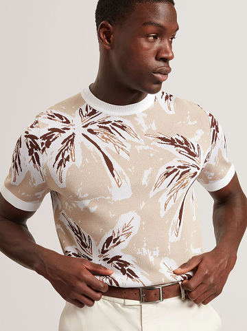 EZRRA Leaf Print Knitted Crew Neck T-Shirt