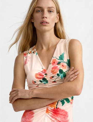 ELIZABETH Floral Ruched Front Sleeveless Midi Dress