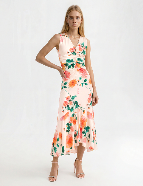 ELIZABETH Floral Ruched Front Sleeveless Midi Dress
