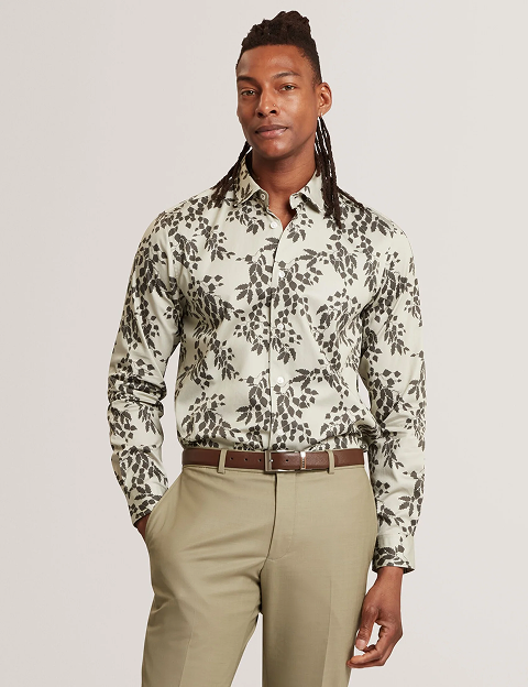 DORNAN Foliage Print Cotton Long Sleeve Shirt