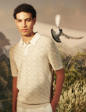 HELME Geometric Open Knit Short Sleeve Polo