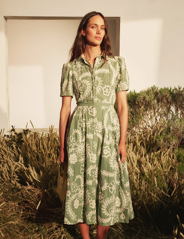 CAMILE Raised Embroidery Cotton Midi Shirt Dress