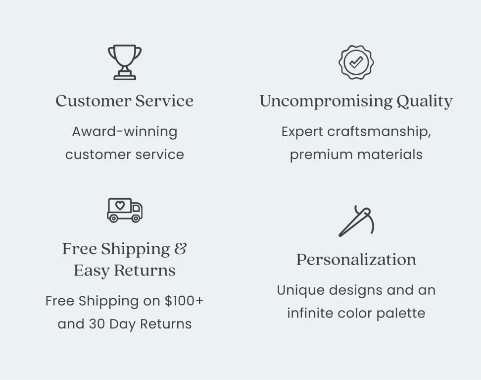 customer service, uncompromising quality, free shipping and easy returns, personalization