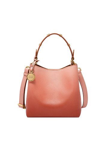 Engraved Fossil Jessie Faded Red Leather Small Bucket Bag