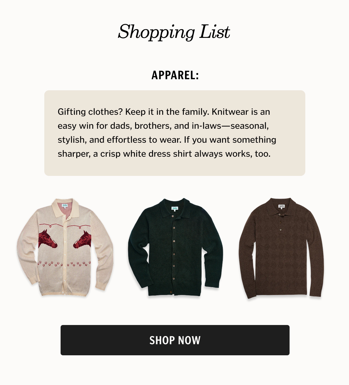 Gifting clothes? Keep it in the family. Knitwear is an easy win for dads, brothers, and in-laws—seasonal, stylish, and effortless to wear. If you want something sharper, a crisp white dress shirt always works, too.