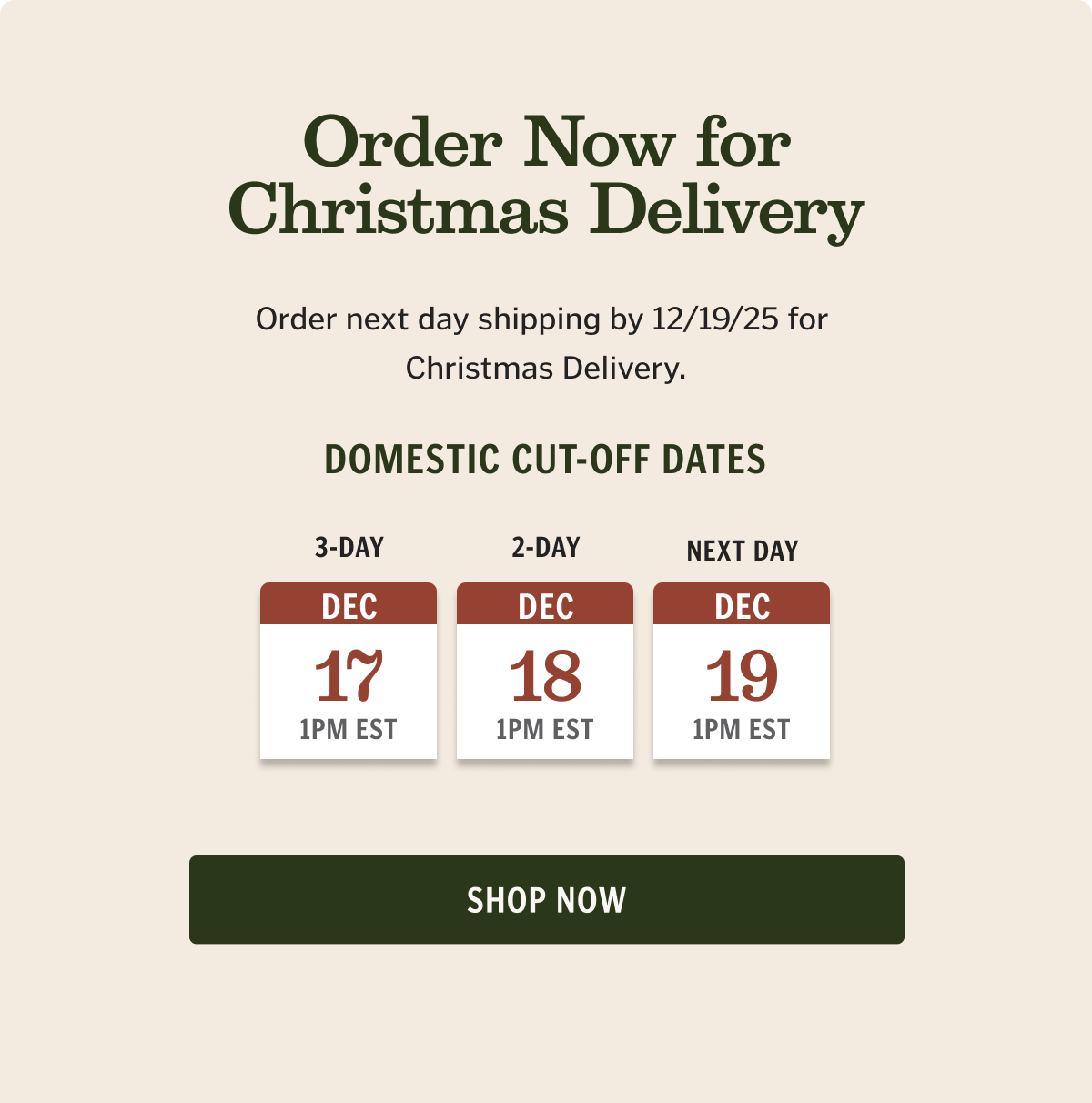 Holiday Shipping Cut Off Dates