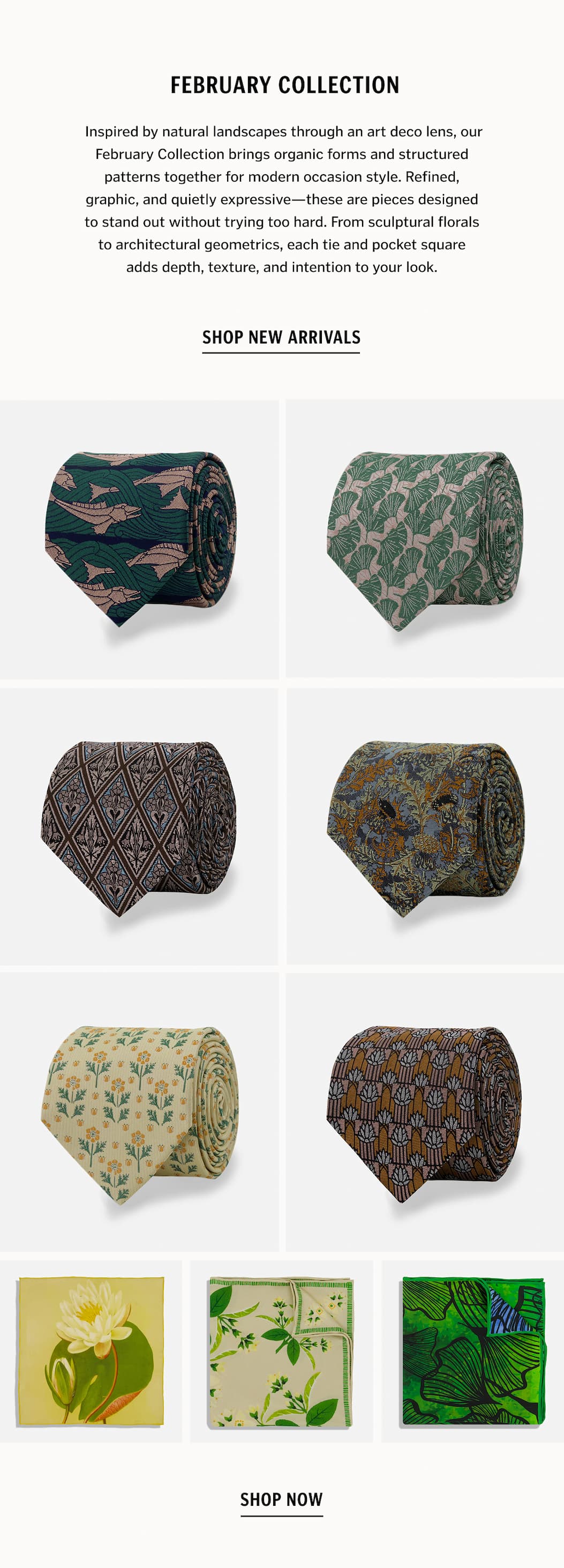Inspired by natural landscapes through an art deco lens, our February Collection brings organic forms and structured patterns together for modern occasion style. Refined, graphic, and quietly expressive—these are pieces designed to stand out without trying too hard. From sculptural florals to architectural geometrics, each tie and pocket square adds depth, texture, and intention to your look.