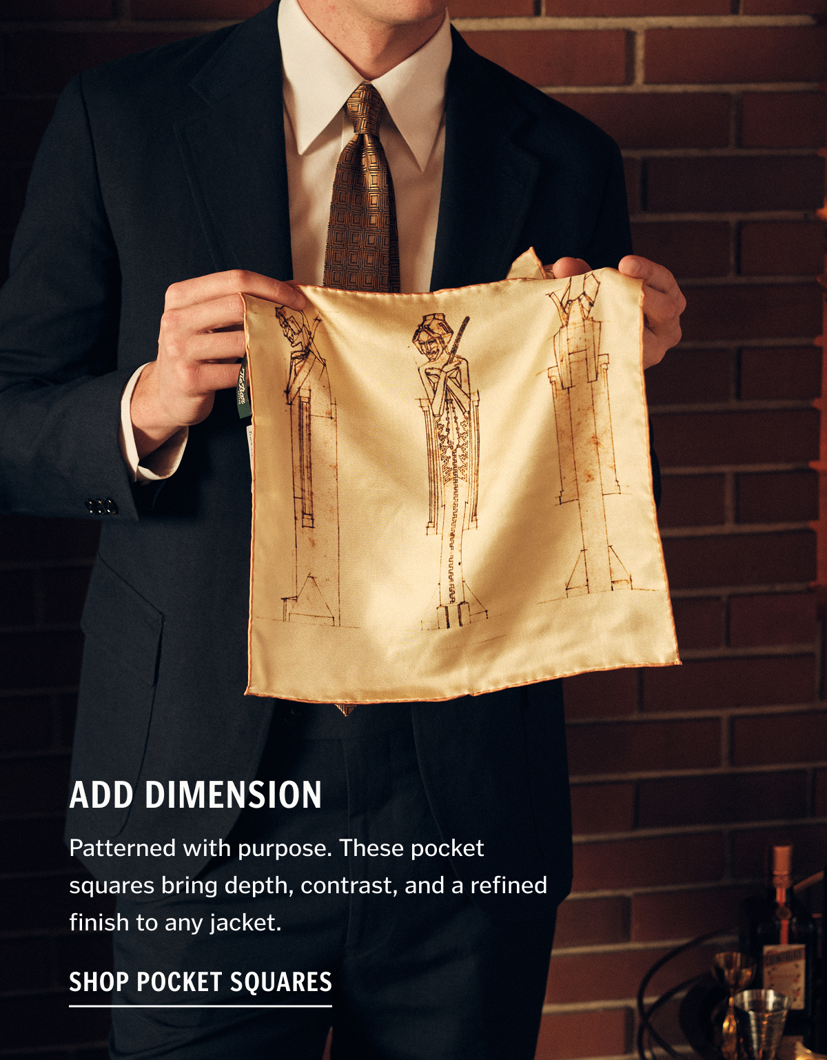 Add Dimension. Patterned with purpose. These pocket squares bring depth, contrast, and a refined finish to any jacket.