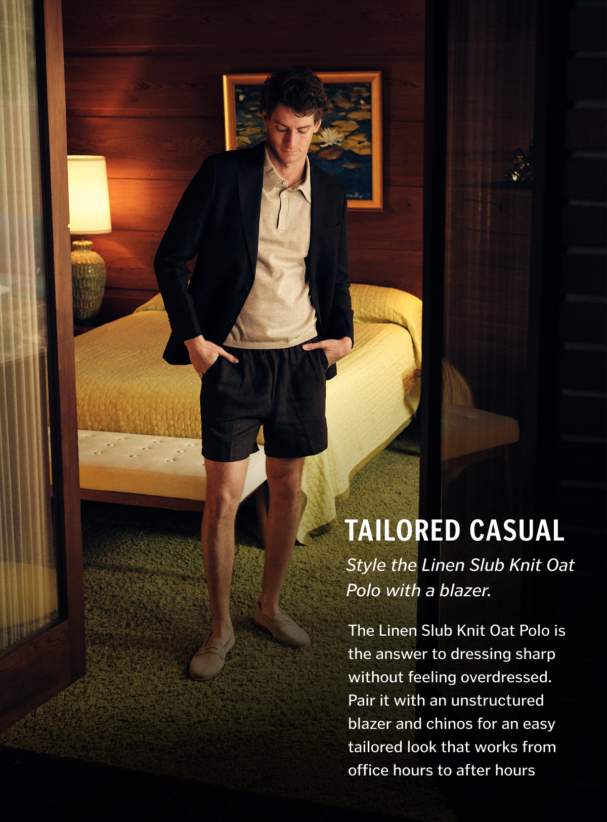 Tailored Casual. The Linen Slub Knit Oat Polo is the answer to dressing sharp without feeling overdressed. Pair it with an unstructured blazer and chinos for an easy tailored look that works from office hours to after hours.