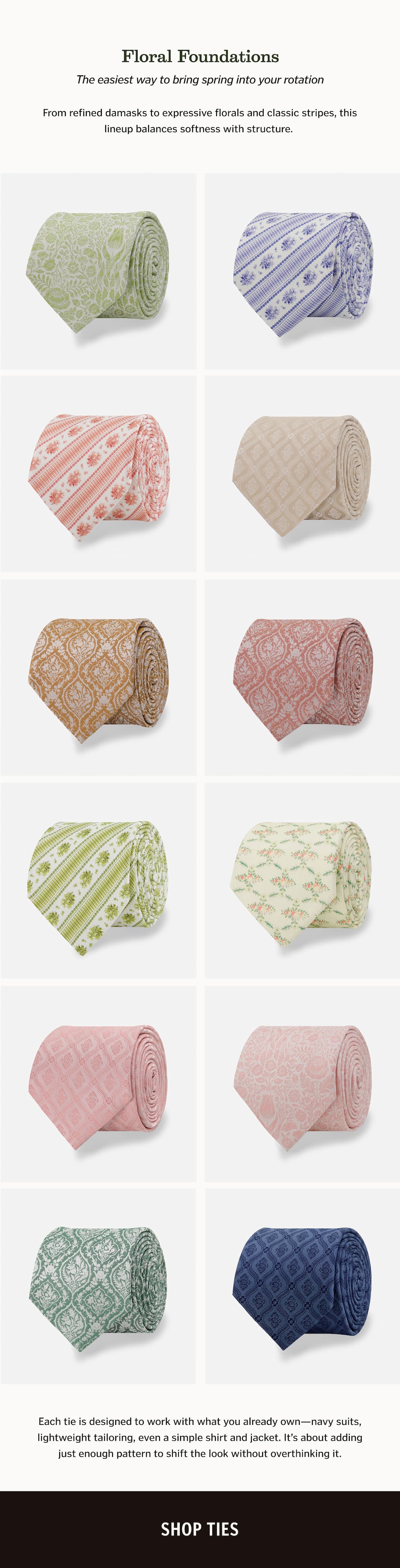 Floral Foundations. The easiest way to bring spring into your rotation. From refined damasks to expressive florals and classic stripes, this lineup balances softness with structure. 
