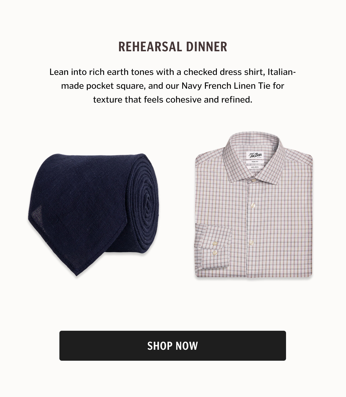 Lean into rich earth tones with a checked dress shirt, Italian-made pocket square, and our Navy French Linen Tie for texture that feels cohesive and refined.