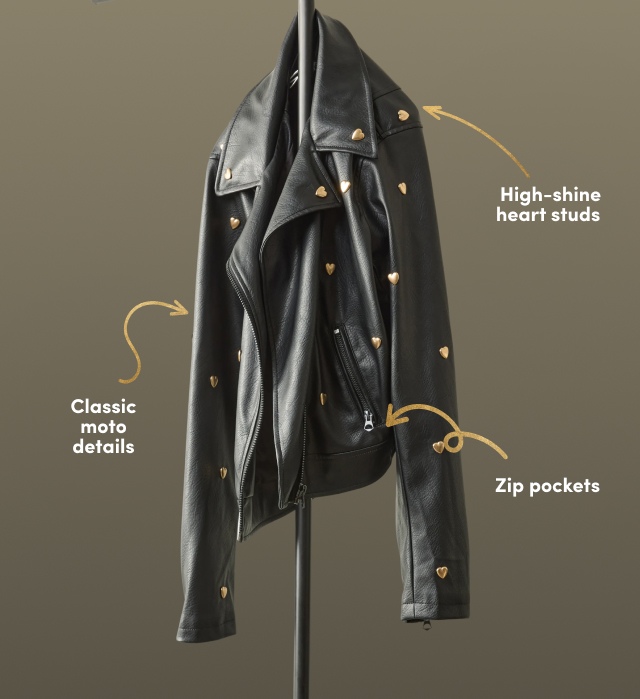 High-shine heart studs | Classic moto details | Zip pockets