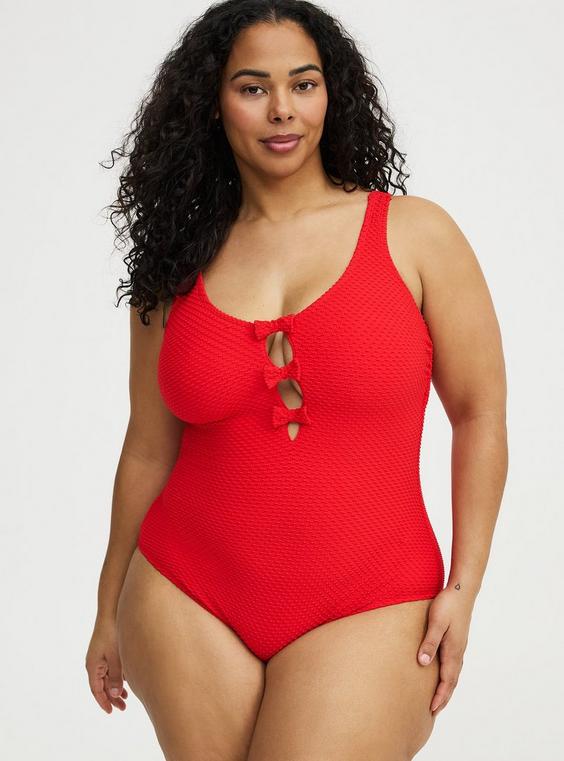 Wire-Free Bow Front Smocked One Piece Swimsuit