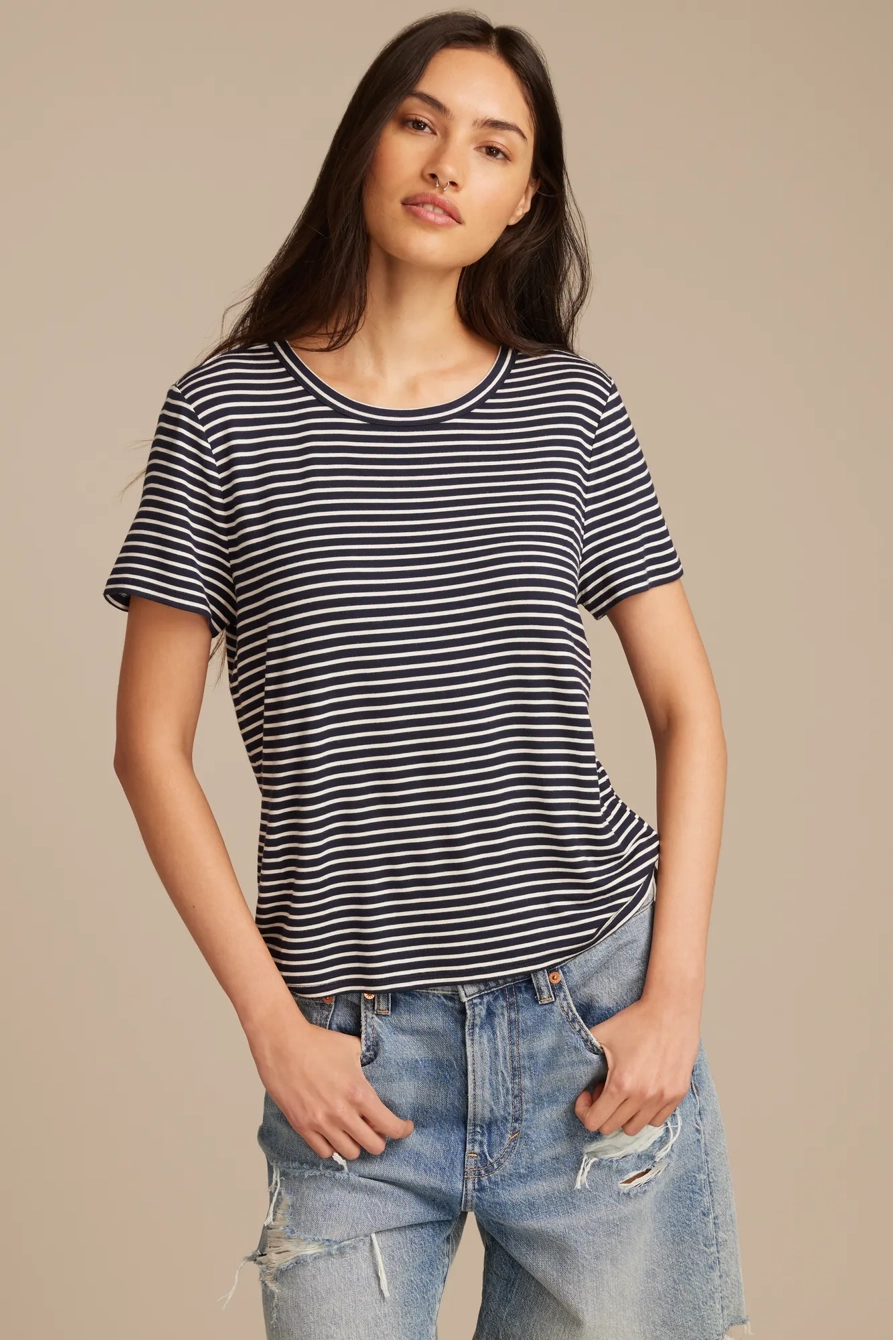Image of Lucky Brand Relaxed Crew Neck Tee - Women's Clothing Tops Shirts Tee Graphic T Shirts in Cream/Brown Combo