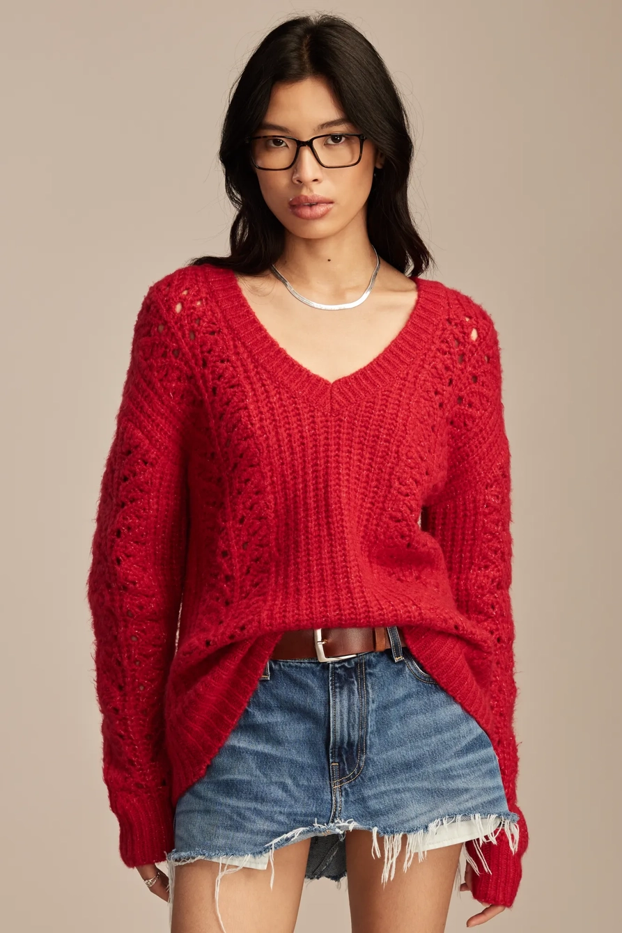 Image of Lucky Brand V Neck Pointelle Cable Pullover Sweater - Women's Clothing Tops Sweaters Pullovers in Jester Red