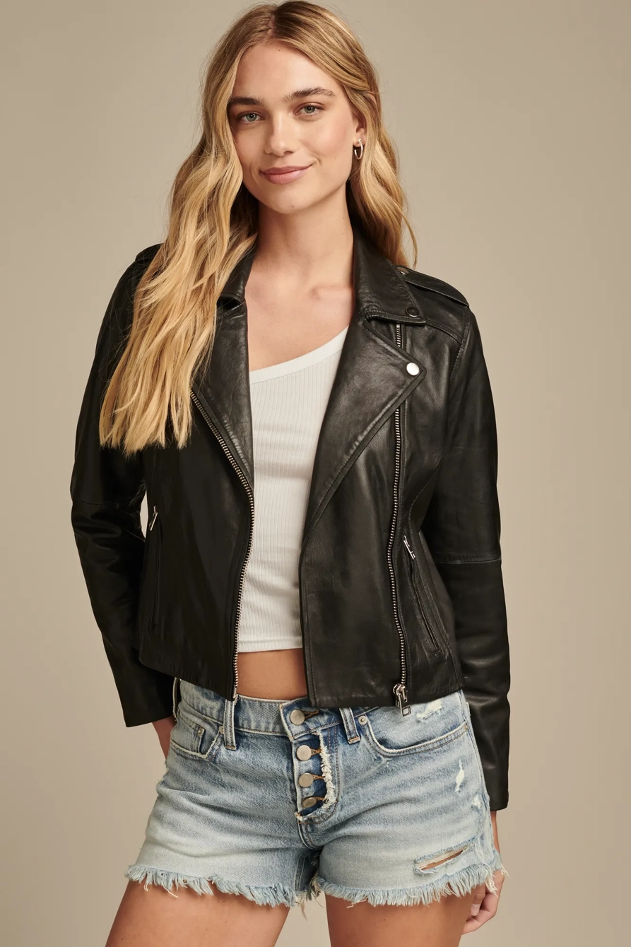 Image of Lucky Brand Classic Leather Moto Jacket - Women's Clothing Outerwear Jackets Coats in Washed Black
