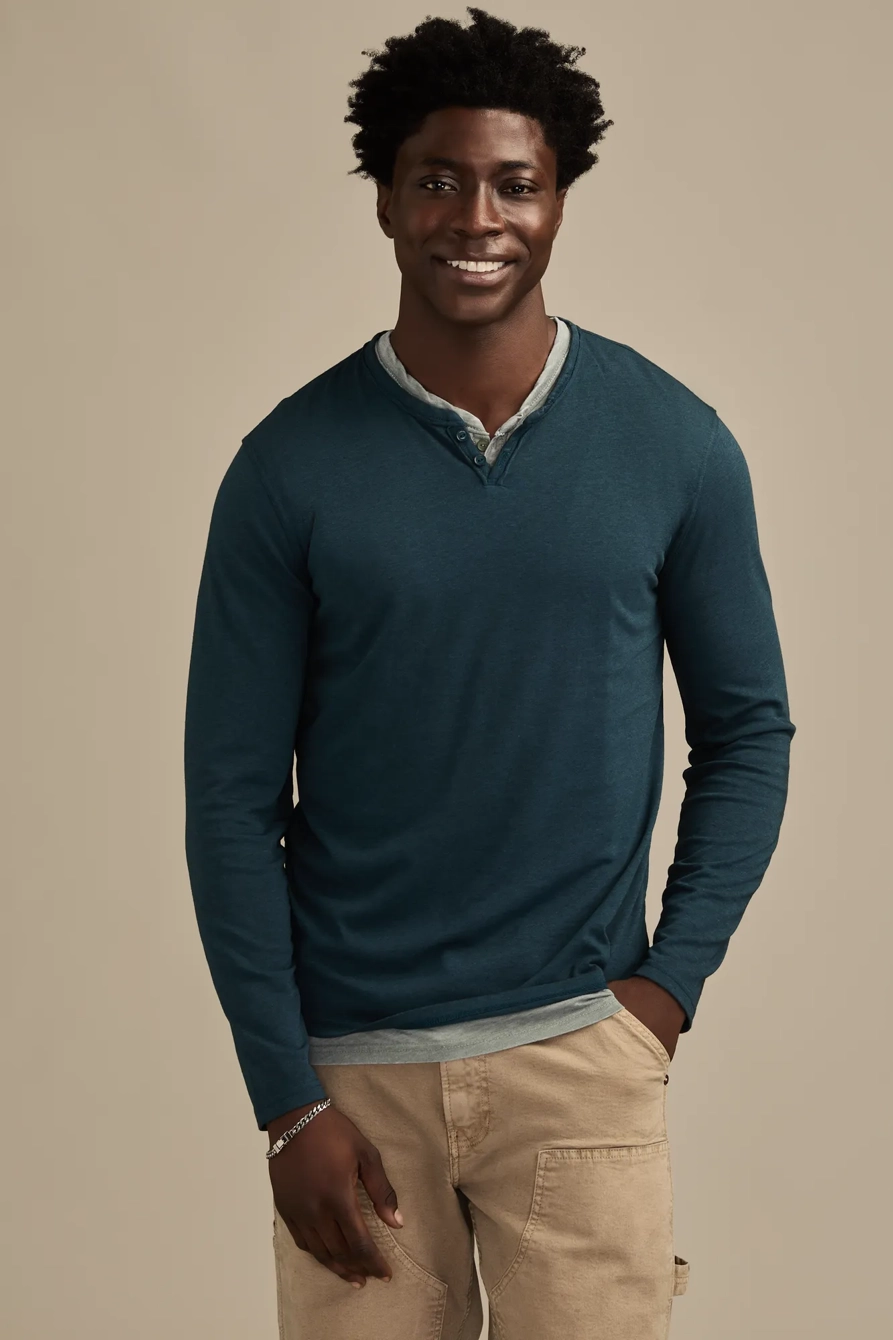 Image of Lucky Brand Venice Burnout Notch Neck Long Sleeve - Men's Clothing Tops Tees Shirts in Gunmetal