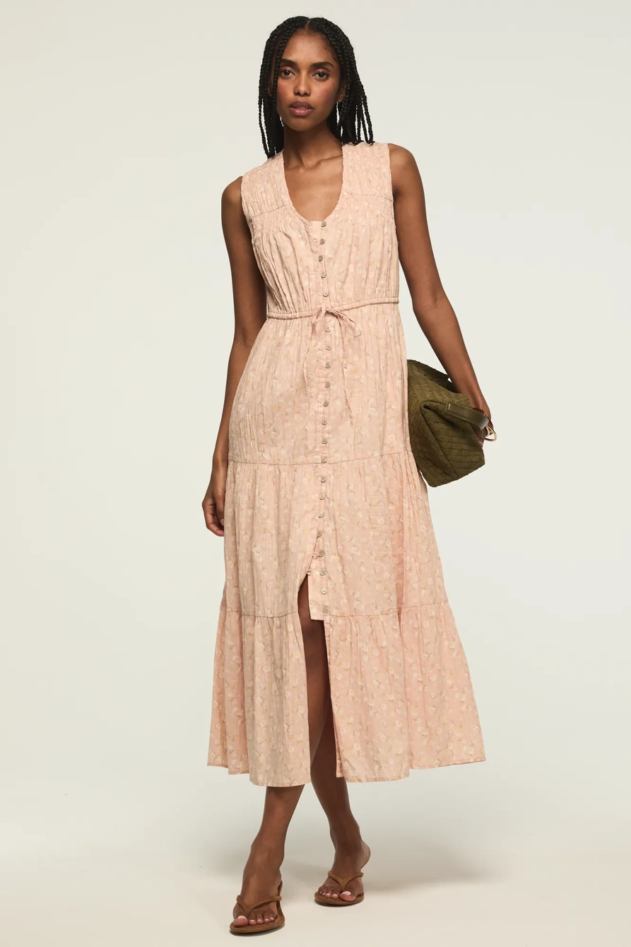 Image of Lucky Brand Crinkle Tiered Midi Dress - Women's Clothing Dresses Shirt Midi Dress in Blush Floral