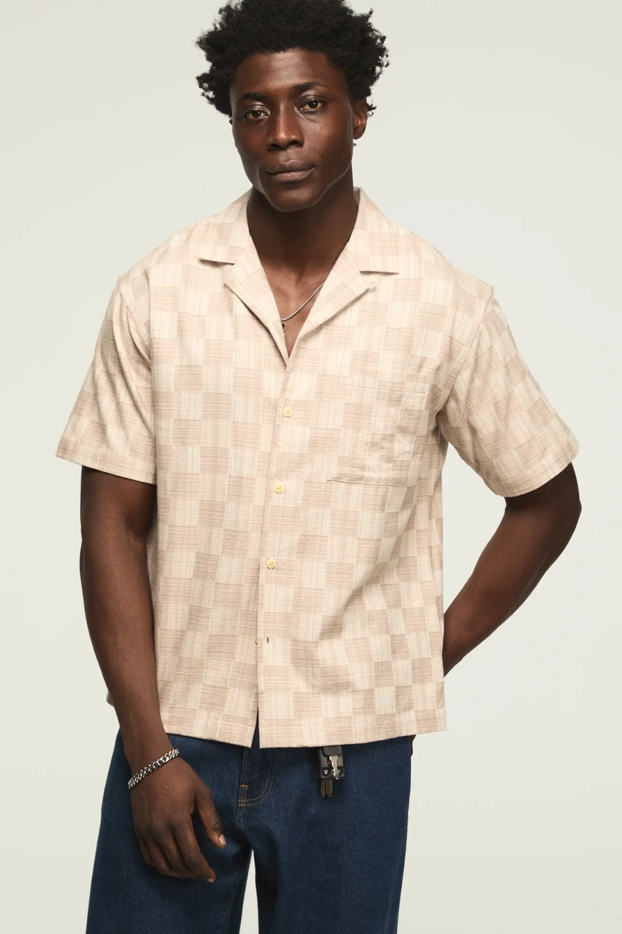 Image of Lucky Brand Untucked Camp Collar Shirt - Men's Clothing Outerwear Shirt Jackets in Beige