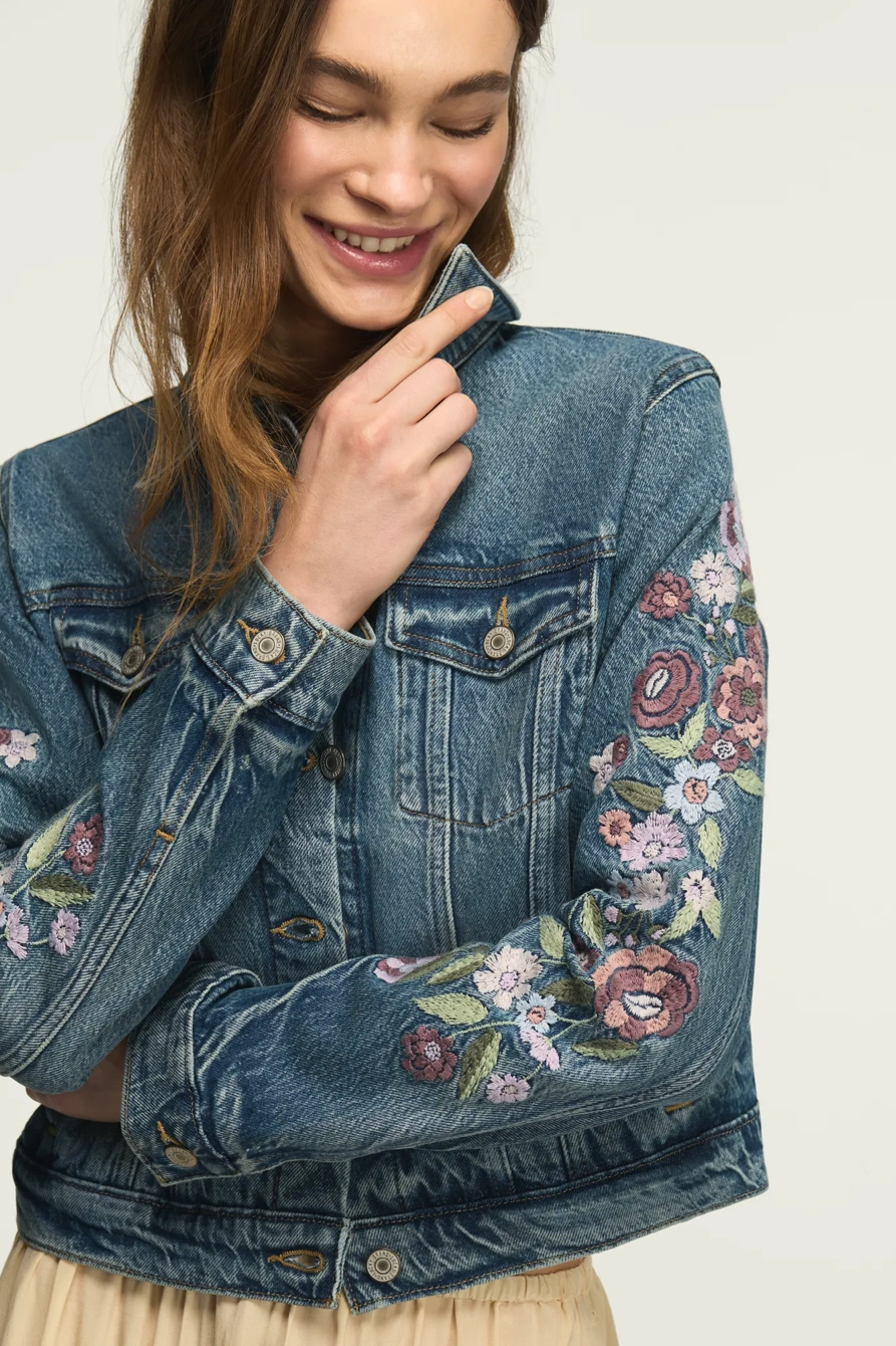 Image of Lucky Brand Embroidered Denim Trucker - Women's Clothing Outerwear Jackets Coats in Plucked Petals Wash