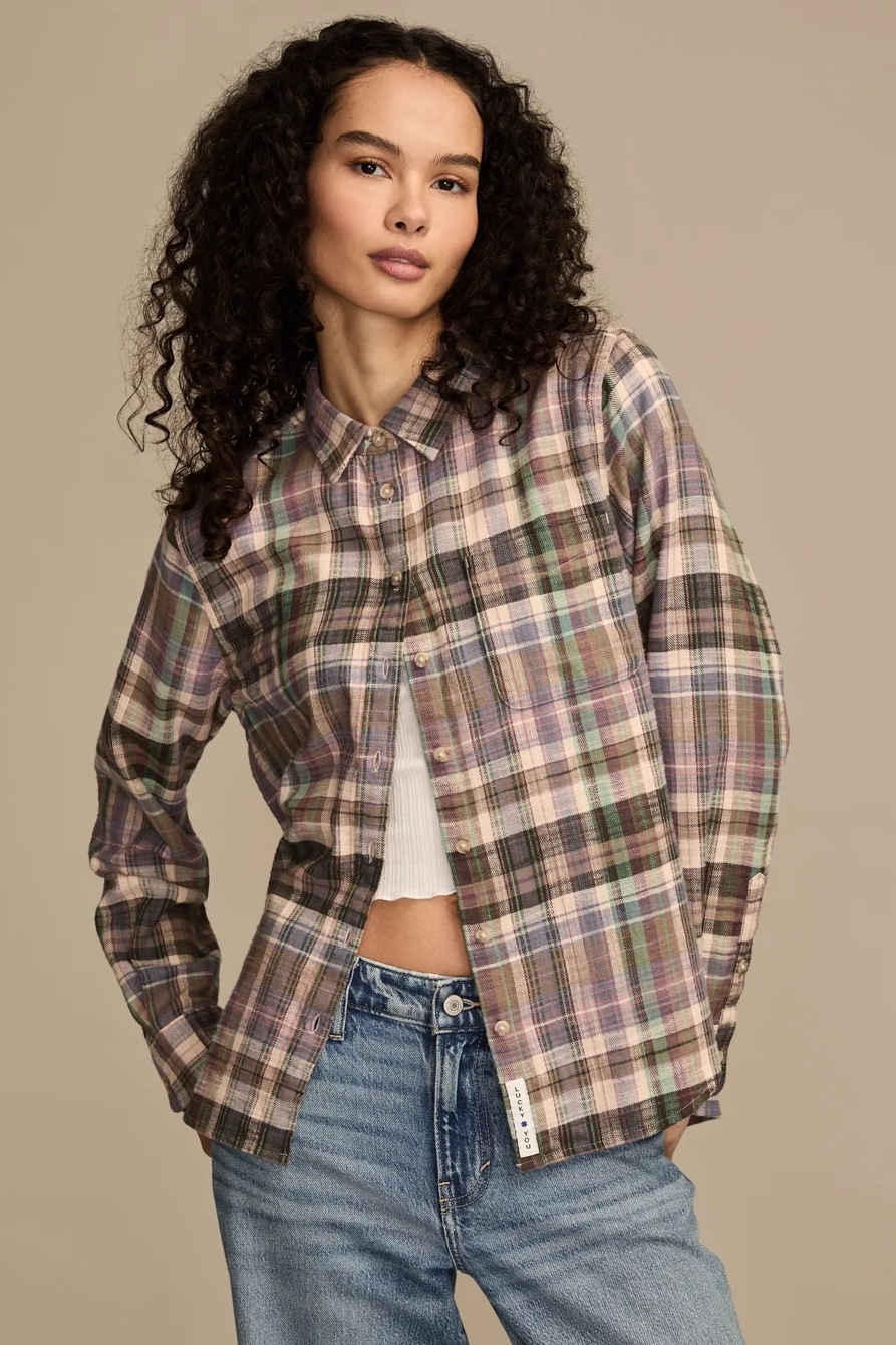 Image of Lucky Brand Clyde Plaid Boyfriend Button Down Shirt - Women's Clothing Button Down Tops Shirts in Red Buffalo Check