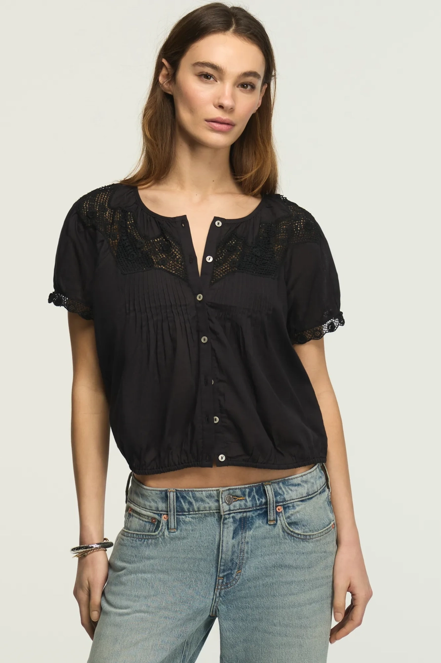 Image of Lucky Brand Crochet Puff Sleeve Button Up Top - Women's Clothing Tops Tees Shirts in Caviar