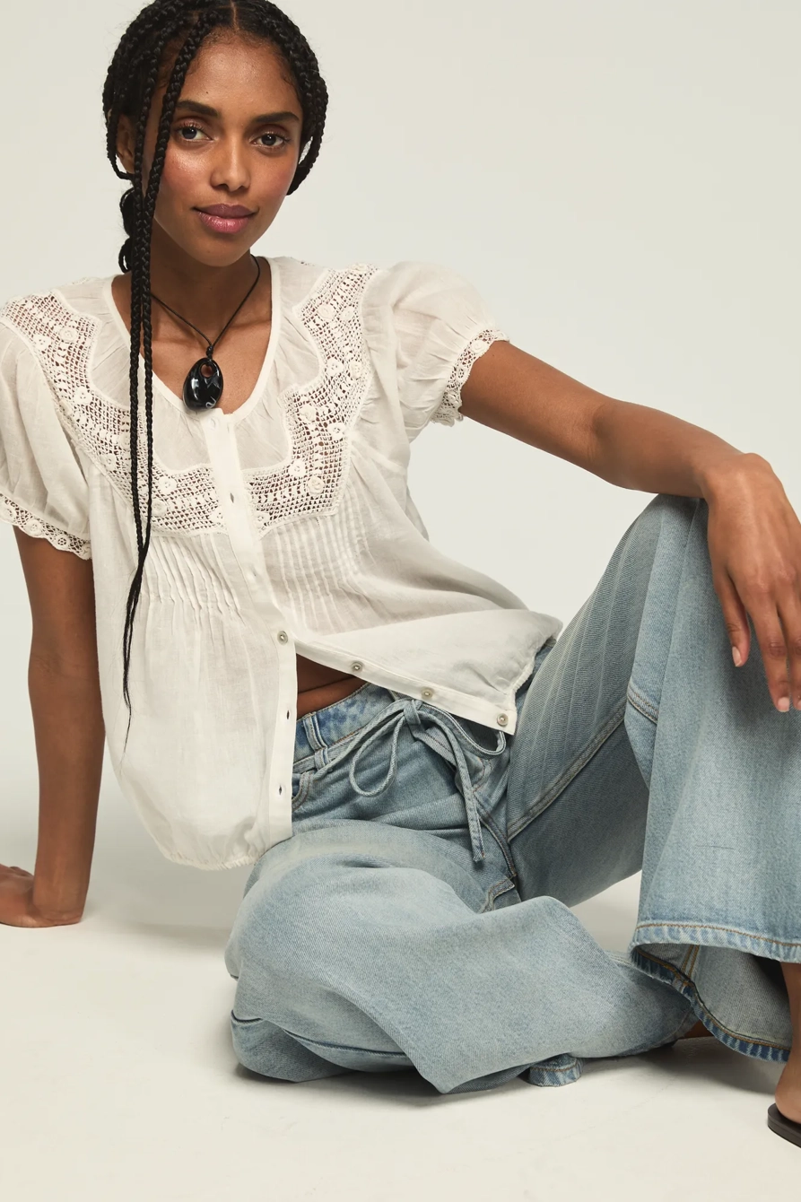 Image of Lucky Brand Crochet Puff Sleeve Button Up Top - Women's Clothing Tops Tees Shirts in Whisper White
