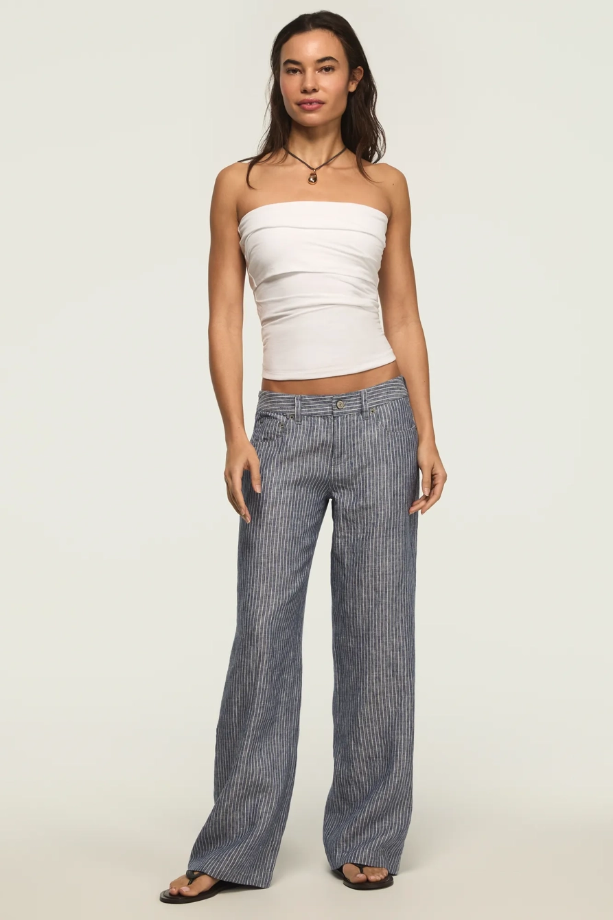 Image of Lucky Brand Baggy Linen Wide Leg Pant - Women's Pants in Navy Stripe