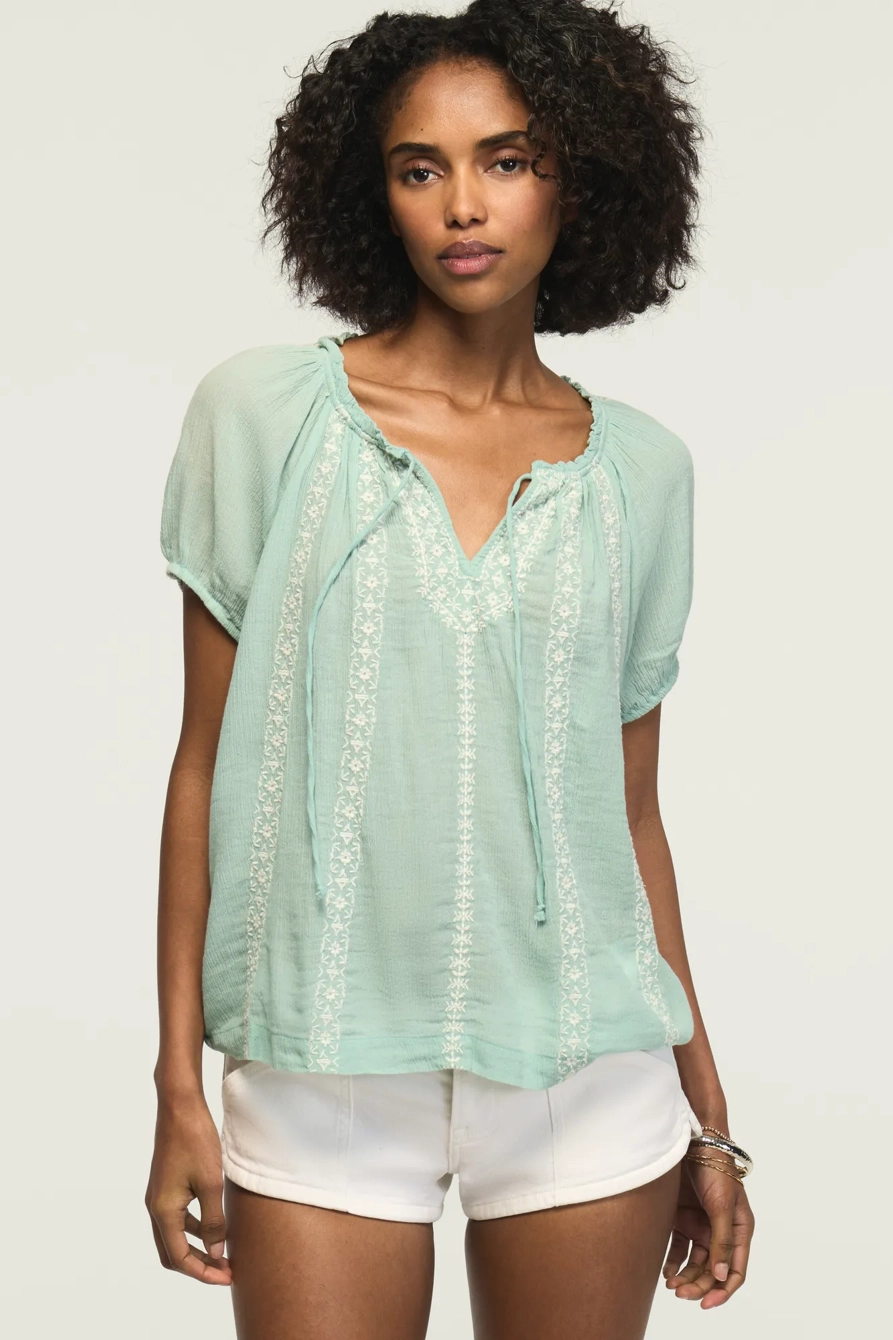 Image of Lucky Brand Contrast Embroiderd Short Sleeve Peasant Topsan - Women's Clothing Peasant Tops Shirts in Blue Surf