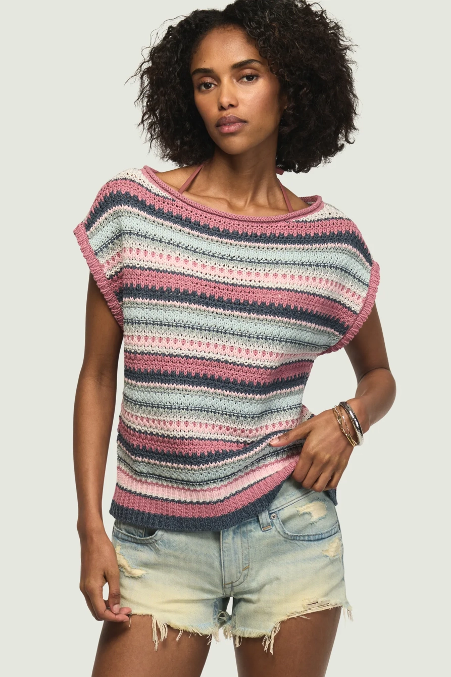 Image of Lucky Brand Striped Boho Sweater Vest - Women's Clothing Tops Sweaters in Nostalgia Rose