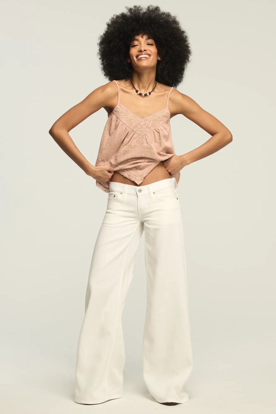Image of Lucky Brand Liquid Denim Luxe Super Low Rise Ultra Wide - Women's Clothing Outerwear Jean Denim Jackets in Pure White Wash