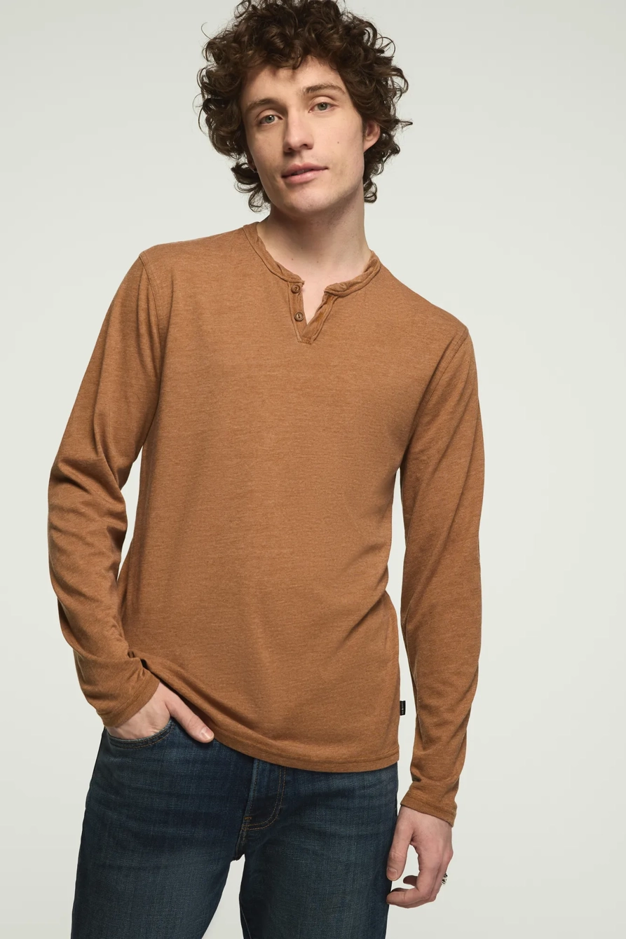 Image of Lucky Brand Venice Burnout Long Sleeve Notch Neck Tee - Men's Clothing Tops Shirts Tee Graphic T Shirts in Flint Stone