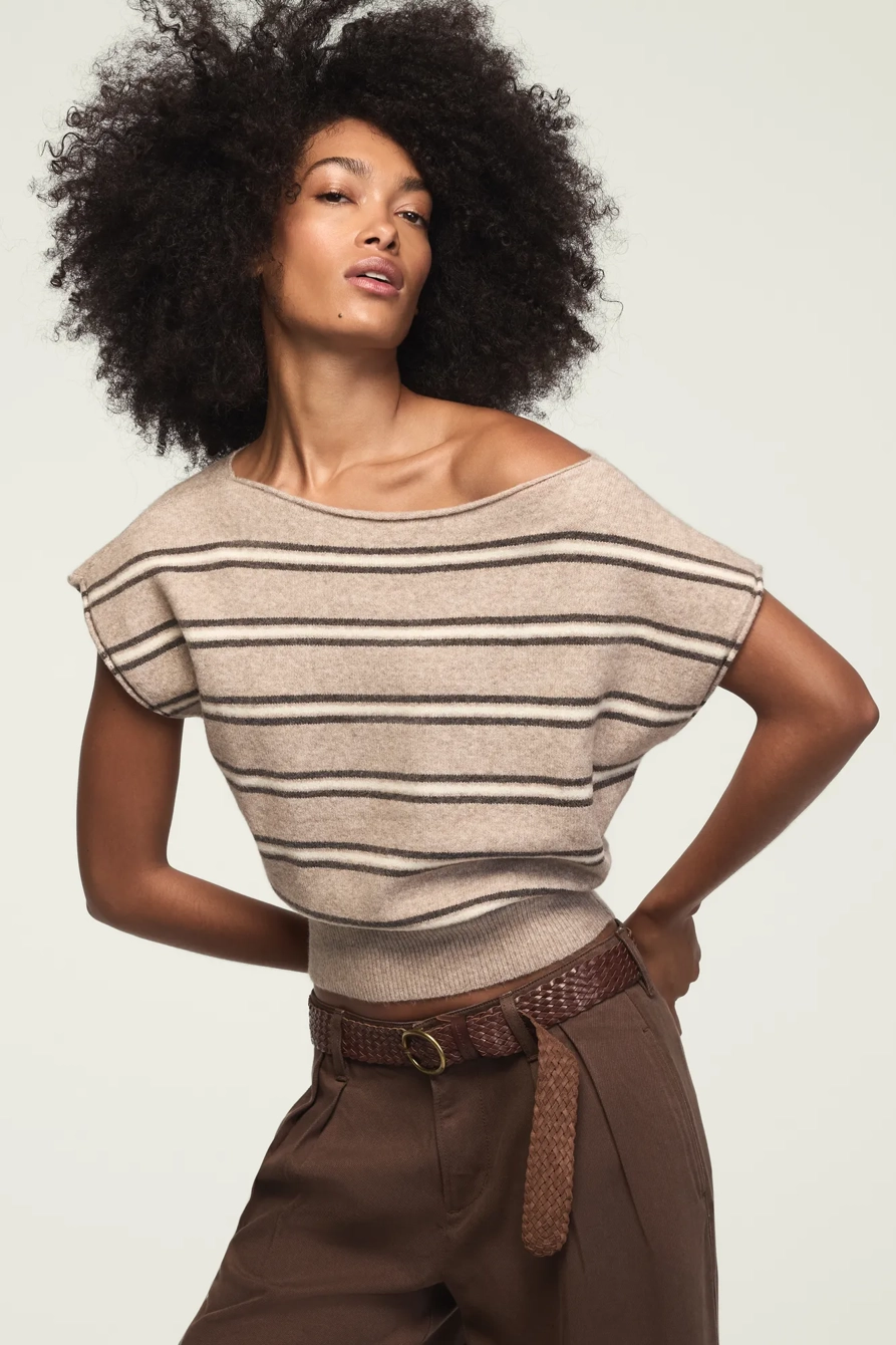 Image of Lucky Brand Striped Boat Neck Sweater Tee - Women's Clothing Tops Shirts Tee Graphic T Shirts in Oatmeal Htr