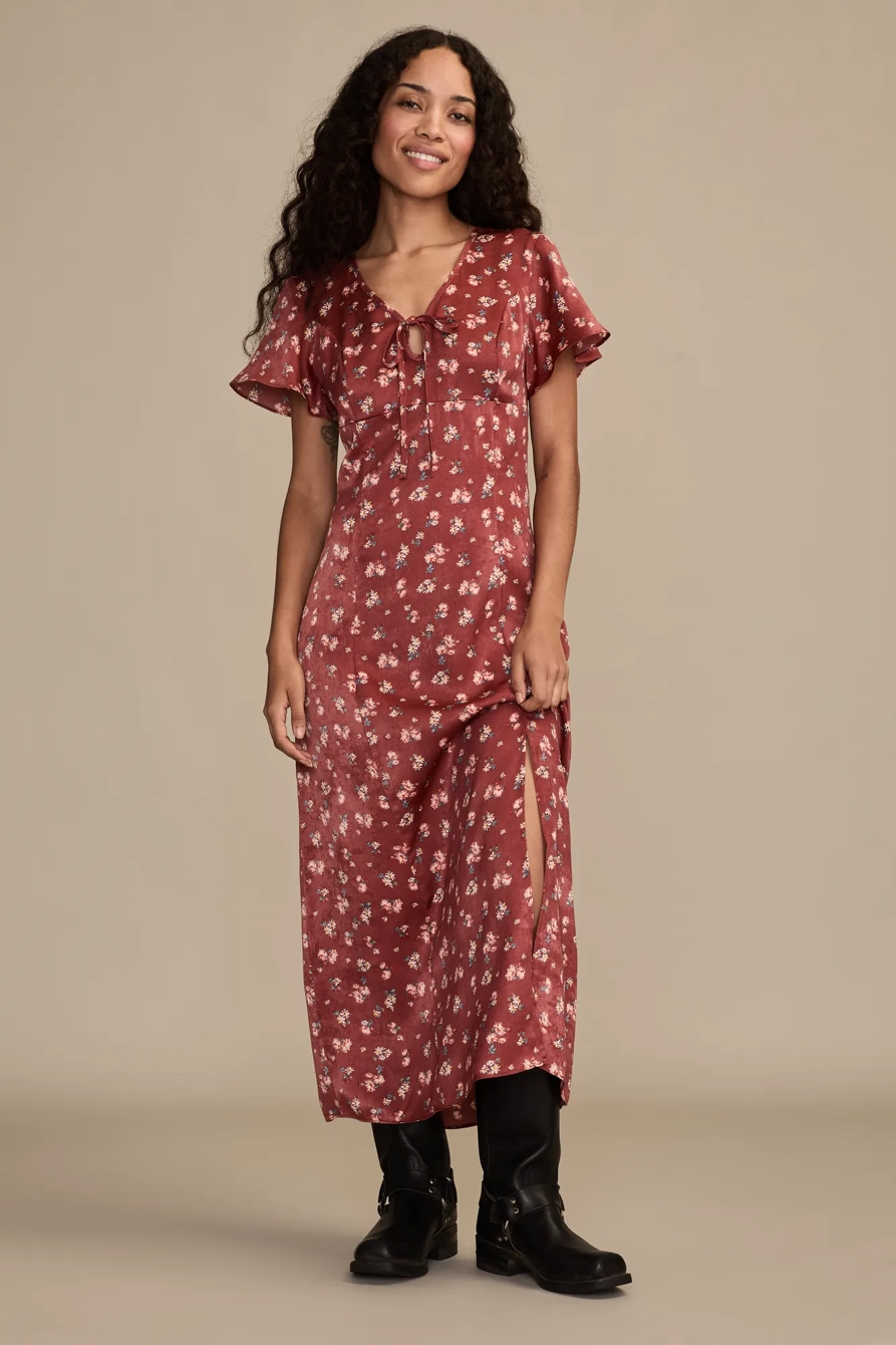 Image of Lucky Brand Flutter Sleeve Midi Dress - Women's Clothing Dresses Shirt Midi Dress in Rust Multi