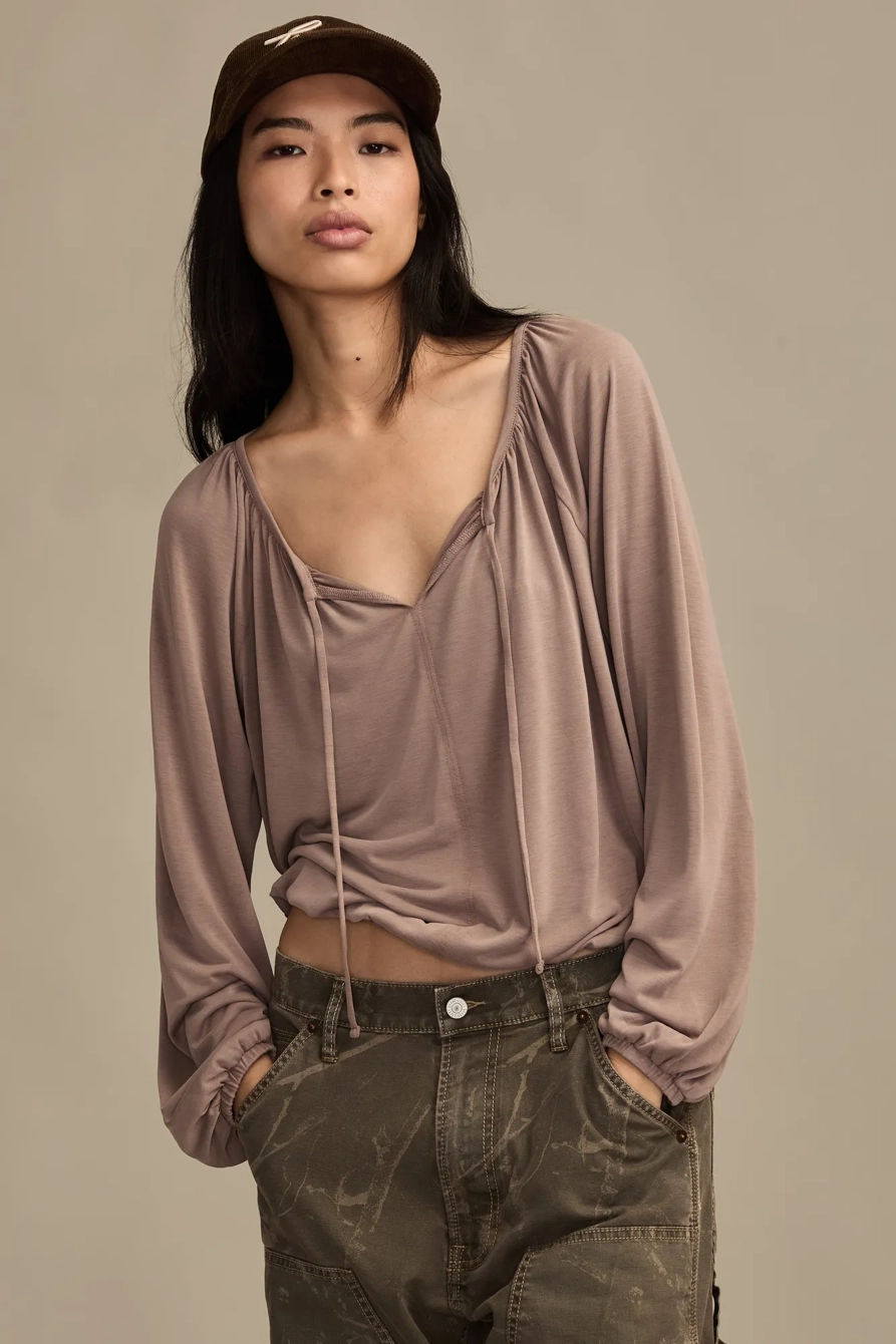 Image of Lucky Brand Tie Front Sandwash Bubble Top - Women's Clothing Tops Tees Shirts in Ginger Snap
