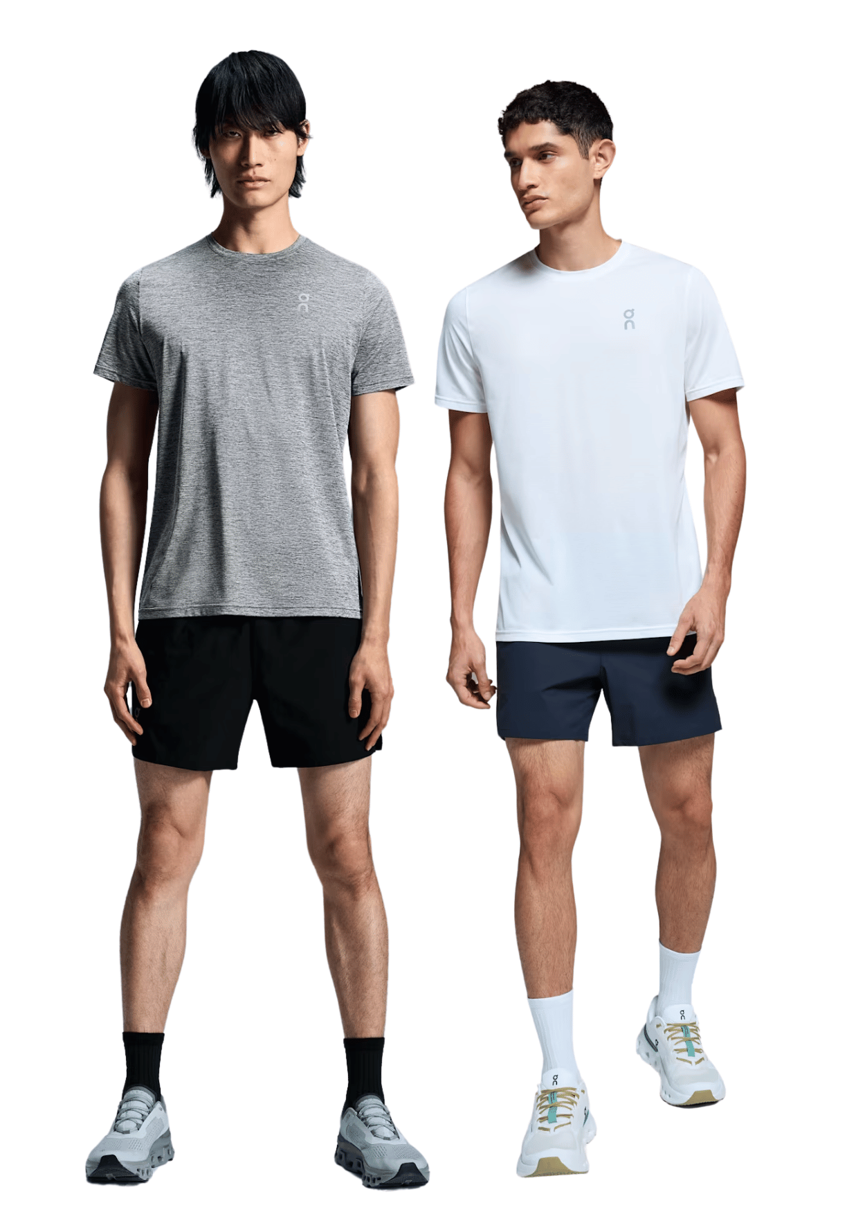 two men standing in shorts and a tee shirt