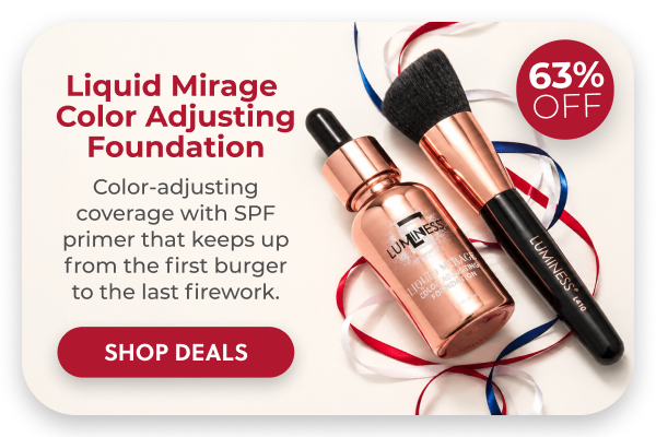 LIQUID MIRAGE COLOR ADJUSTING FOUNDATION: Color-adjusting coverage with SPF primer that keeps up from the first burger to the last firework.