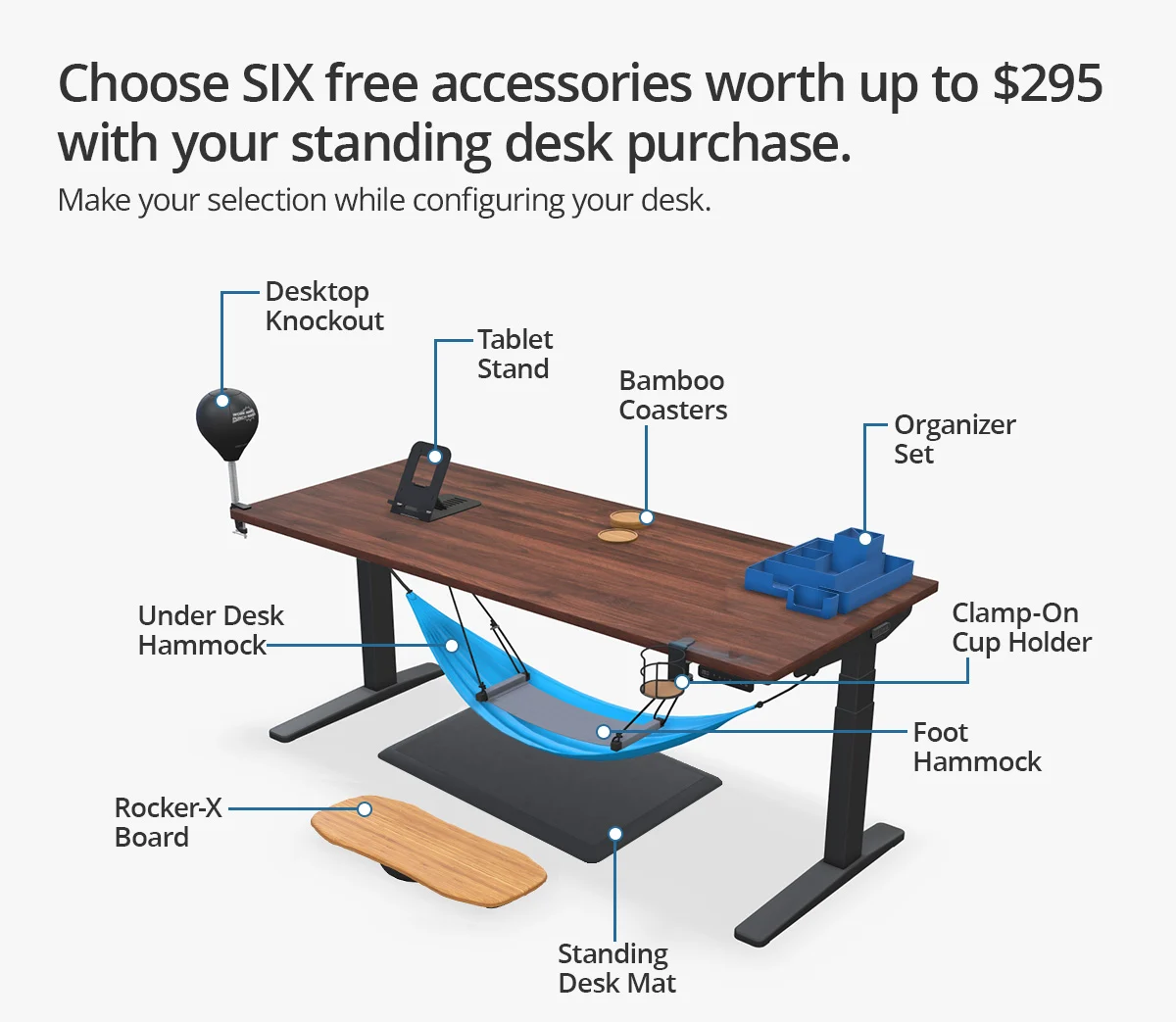 Choose SIX free accessories worth up to $295 with every standing desk purchased.