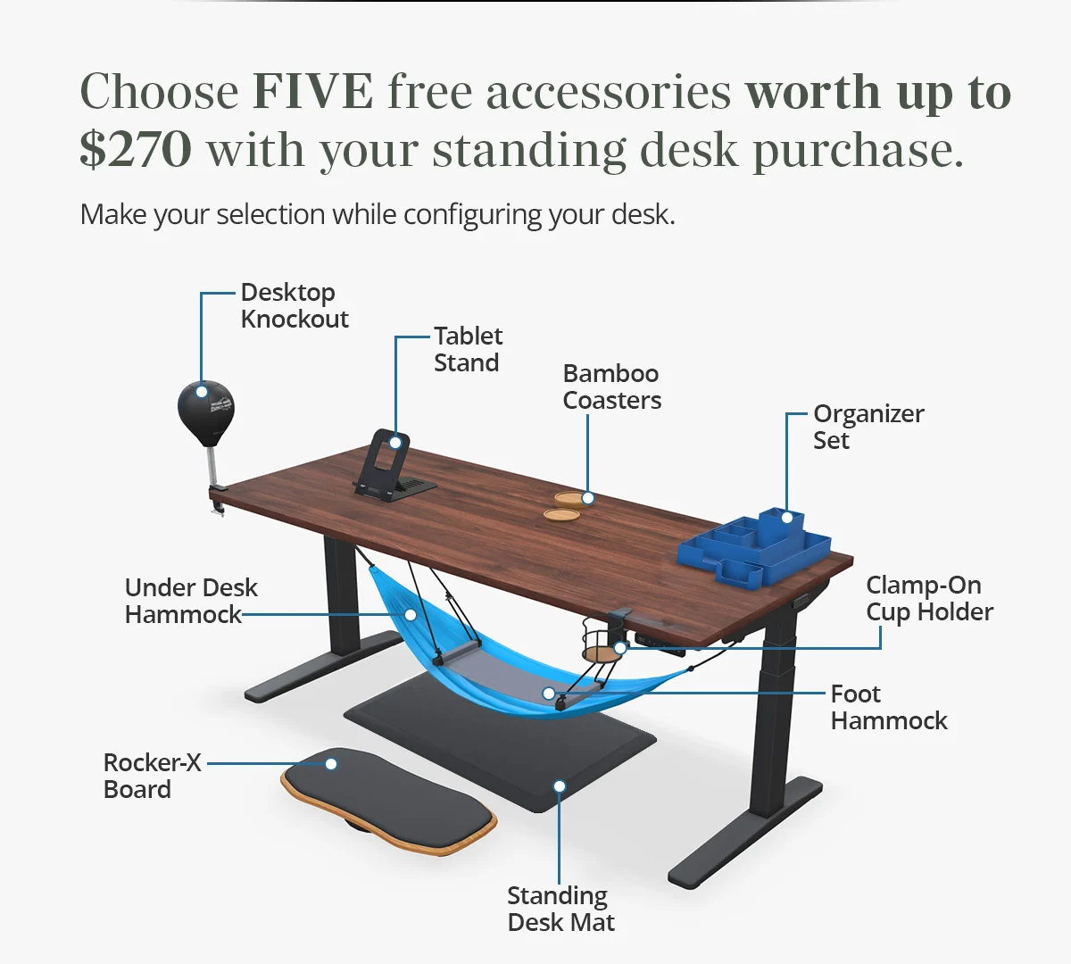 Choose FIVE free accessories worth up to $270 with your standing desk purchase.