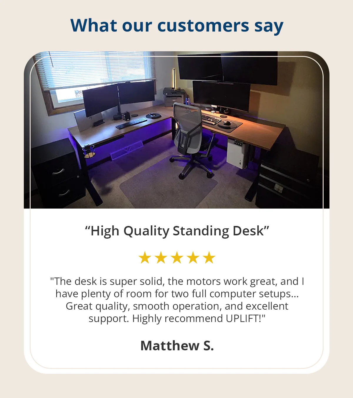 Happy customer review: "The [L-shaped] desk is super solid, the motors work great, and I have plenty of room..."