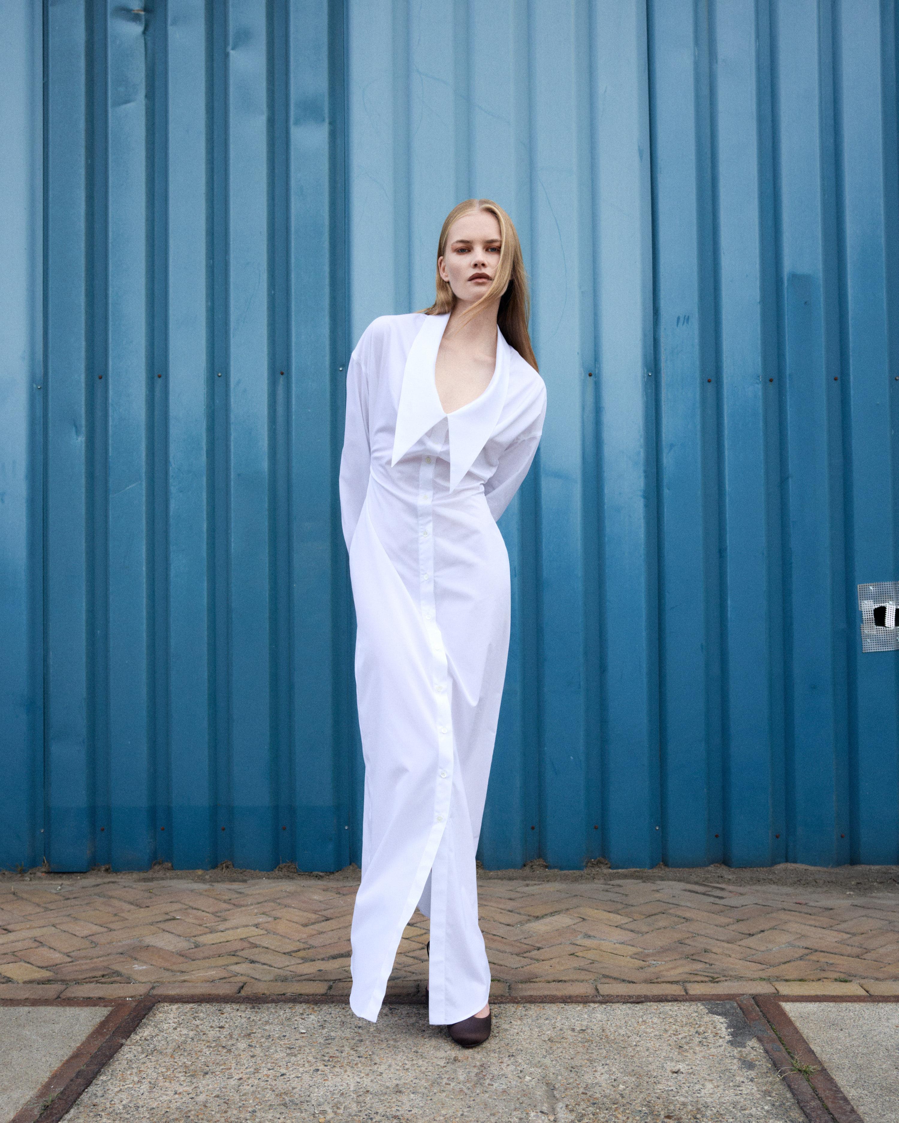 Draped satin gown with sculpted neckline