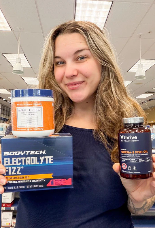 MIRACLE FIBER, BODYTECH ELECTROLYTE FIZZ and Vthrive OMEGA-3 FISH OIL