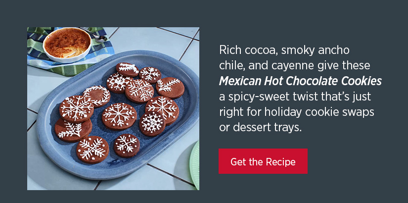 Rich cocoa, smoky ancho chile, and cayenne give these Mexican Hot Chocolate Cookies a spicy-sweet twist that's just right for holiday cookie swaps or dessert trays. 