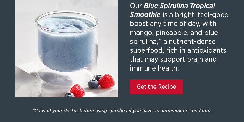 Our Blue Spirulina Tropical Smoothie is a bright, feel-good boost any time of day, with mango, pineapple, and blue spirulina, a nutrient-dense superfood, rich in antioxidants and may support brain and immune health.