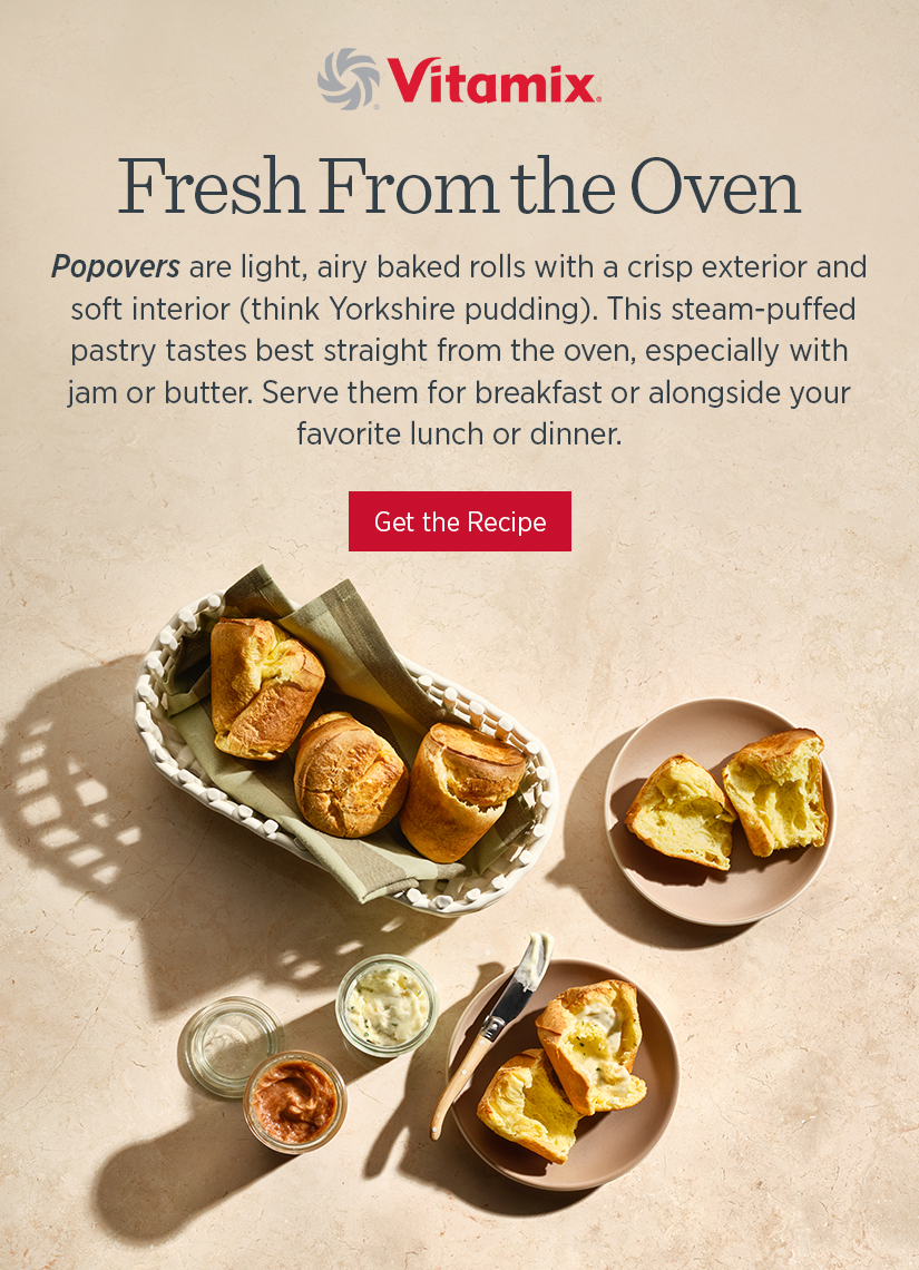 Popovers are light, airy baked rolls with a crisp exterior and soft interior (think Yorkshire pudding). This steam-puffed pastry tastes best straight from the oven, especially with jam or butter. Serve them for breakfast or alongside your favorite lunch or dinner. 